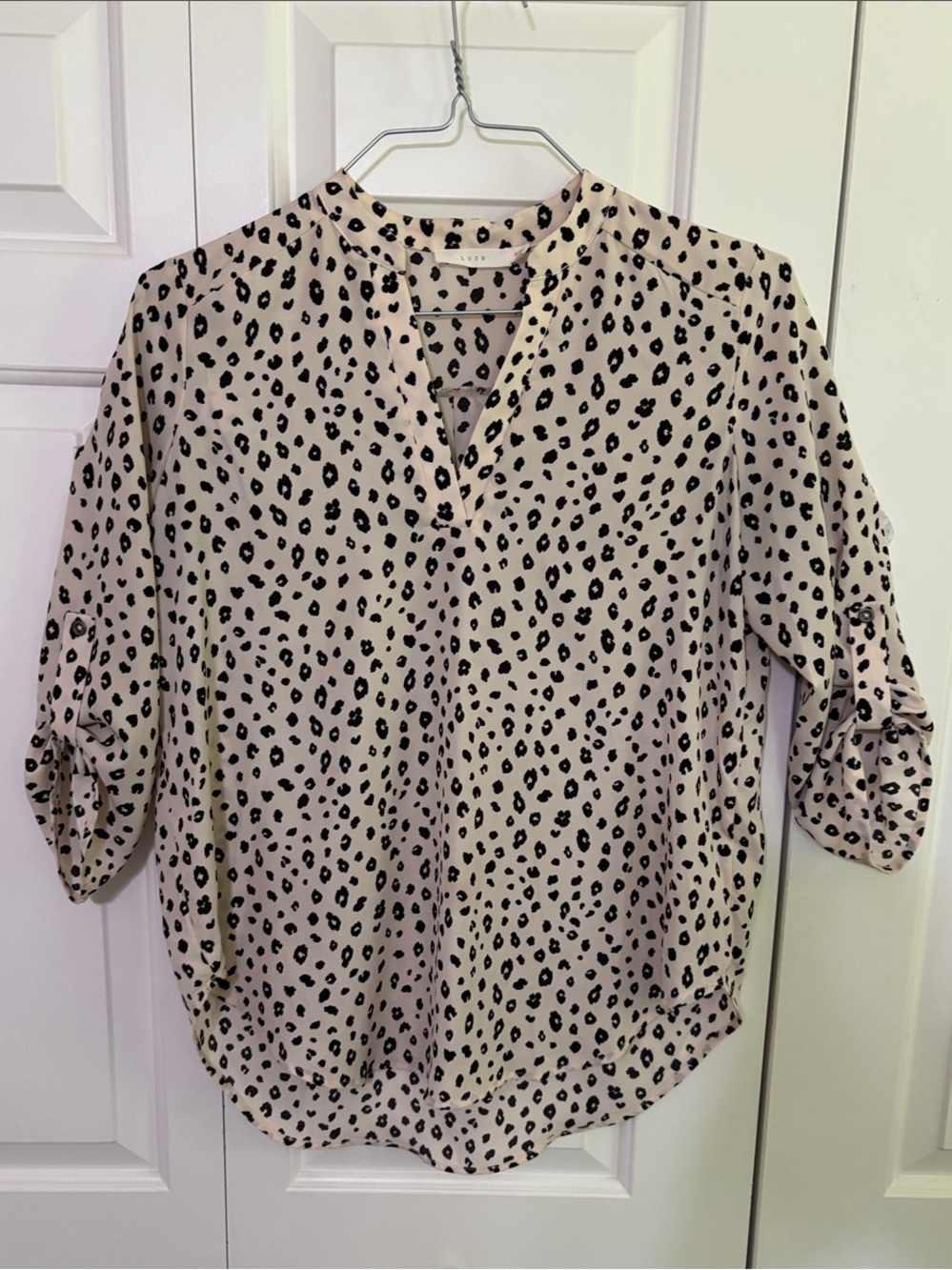 Lush Beige and Black Leopard Print V-Neck Blouse